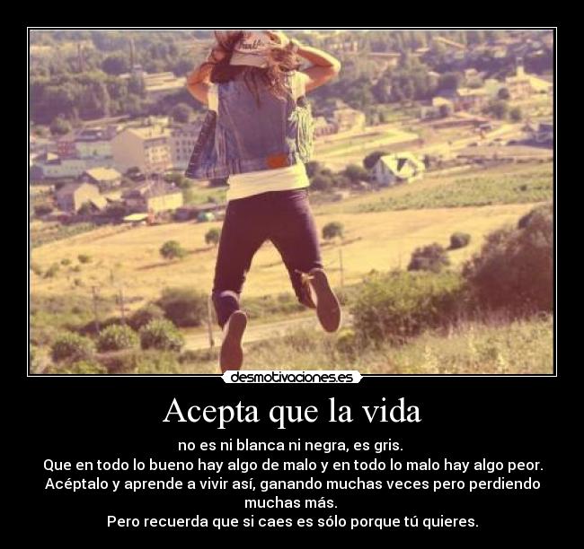 Acepta que la vida - no es ni blanca ni negra, es gris. 
Que en todo lo bueno hay algo de malo y en todo lo malo hay algo peor.
Acéptalo y aprende a vivir así, ganando muchas veces pero perdiendo
muchas más. 
Pero recuerda que si caes es sólo porque tú quieres.