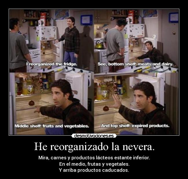 He reorganizado la nevera. - Mira, carnes y productos lácteos estante inferior.
En el medio, frutas y vegetales.
Y arriba productos caducados.
