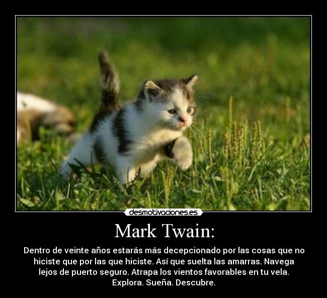 Mark Twain: - Dentro de veinte años estarás más decepcionado por las cosas que no
hiciste que por las que hiciste. Así que suelta las amarras. Navega
lejos de puerto seguro. Atrapa los vientos favorables en tu vela.
Explora. Sueña. Descubre.
