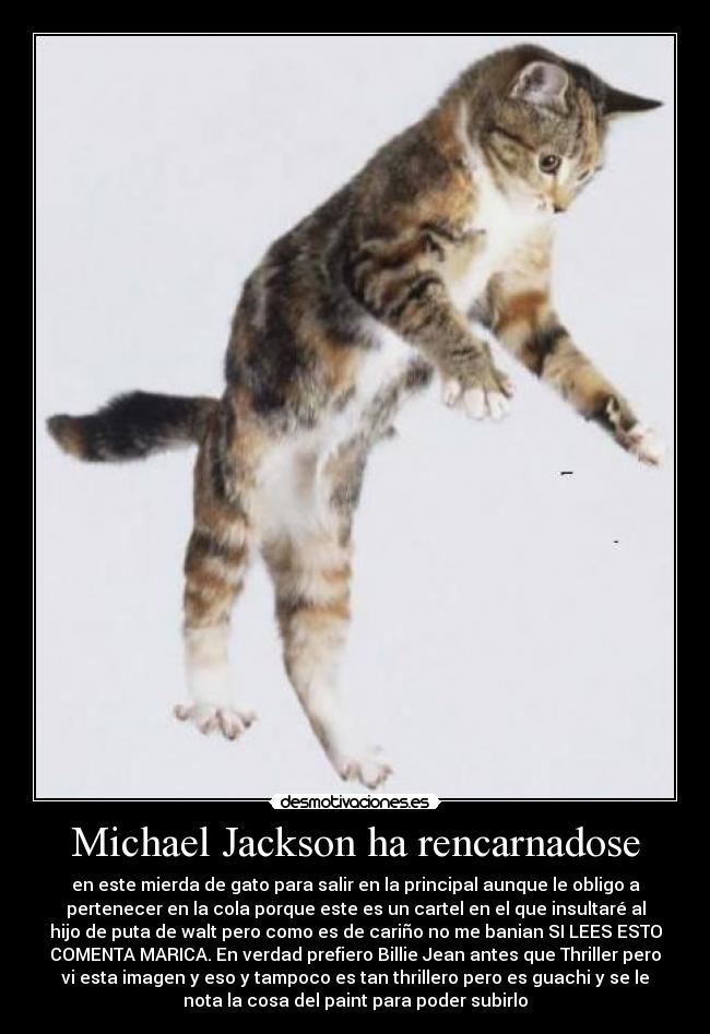 Michael Jackson ha rencarnadose - en este mierda de gato para salir en la principal aunque le obligo a
pertenecer en la cola porque este es un cartel en el que insultaré al
hijo de puta de walt pero como es de cariño no me banian SI LEES ESTO
COMENTA MARICA. En verdad prefiero Billie Jean antes que Thriller pero
vi esta imagen y eso y tampoco es tan thrillero pero es guachi y se le
nota la cosa del paint para poder subirlo
