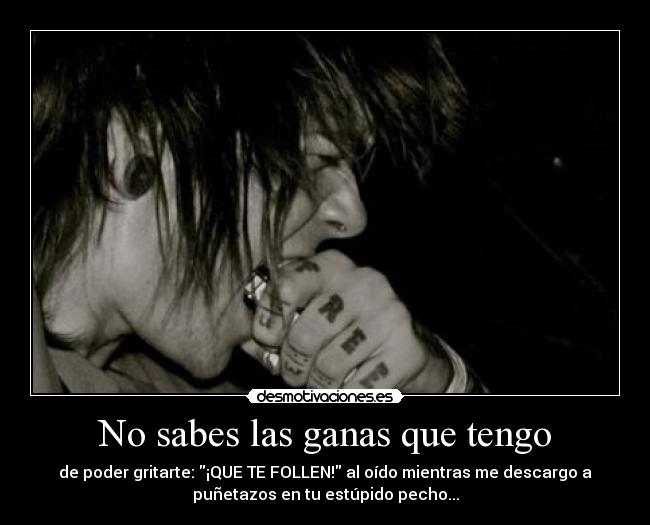 No sabes las ganas que tengo - de poder gritarte: ¡QUE TE FOLLEN! al oído mientras me descargo a
puñetazos en tu estúpido pecho...