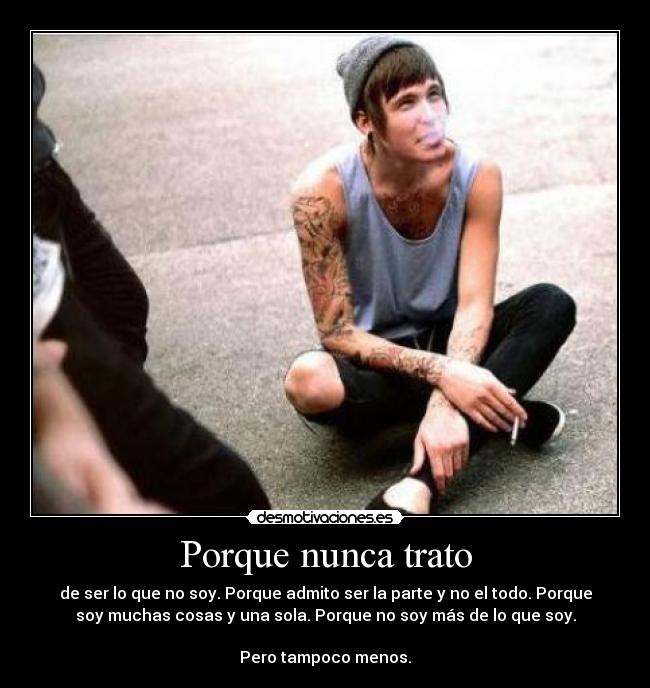 Porque nunca trato - de ser lo que no soy. Porque admito ser la parte y no el todo. Porque
soy muchas cosas y una sola. Porque no soy más de lo que soy.
Pero tampoco menos.