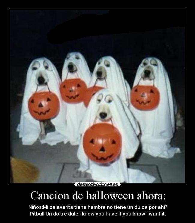 Cancion de halloween ahora: - Niños:Mi calaverita tiene hambre no tiene un dulce por ahi?
Pitbull:Un do tre dale i know you have it you know I want it.