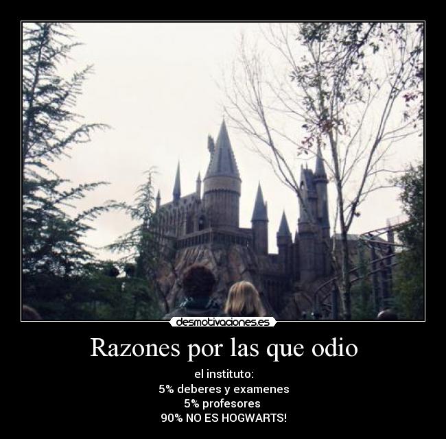 Razones por las que odio - el instituto:
5% deberes y examenes
5% profesores
90% NO ES HOGWARTS!