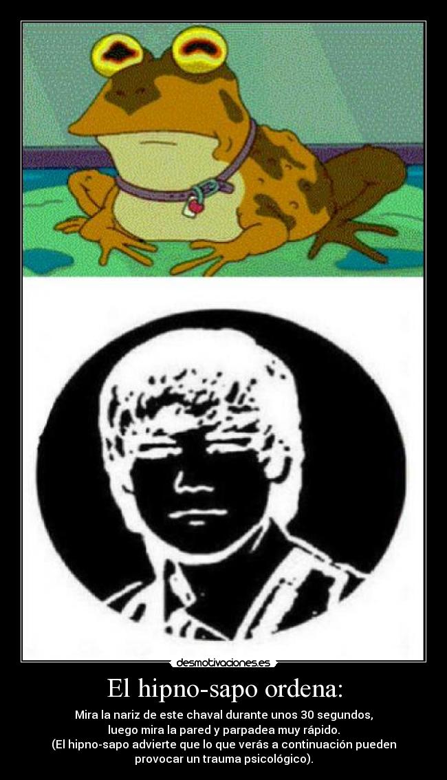 El hipno-sapo ordena: - Mira la nariz de este chaval durante unos 30 segundos,
luego mira la pared y parpadea muy rápido.
(El hipno-sapo advierte que lo que verás a continuación pueden
provocar un trauma psicológico).