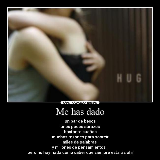 Me has dado - un par de besos
unos pocos abrazos
bastante sueños
muchas razones para sonreír
miles de palabras 
y millones de pensamientos...
pero no hay nada como saber que siempre estarás ahí