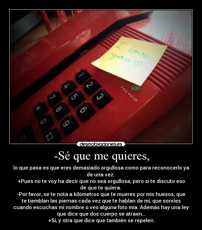 -Sé que me quieres, - lo que pasa es que eres demasiado orgullosa como para reconocerlo ya
de una vez.
+Pues no te voy ha decir que no sea orgullosa, pero si te discuto eso
de que te quiera.
-Por favor, se te nota a kilómetros que te mueres por mis huesos, que
te tiemblan las piernas cada vez que te hablan de mi, que sonríes
cuando escuchas mi nombre o ves alguna foto mía. Además hay una ley
que dice que dos cuerpo se atraen...
+Si, y otra que dice que también se repelen.