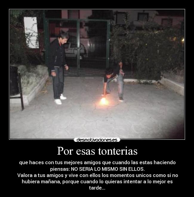 Por esas tonterias - que haces con tus mejores amigos que cuando las estas haciendo
piensas: NO SERIA LO MISMO SIN ELLOS.
 Valora a tus amigos y vive con ellos los momentos unicos como si no
hubiera mañana, porque cuando lo quieras intentar a lo mejor es
tarde...