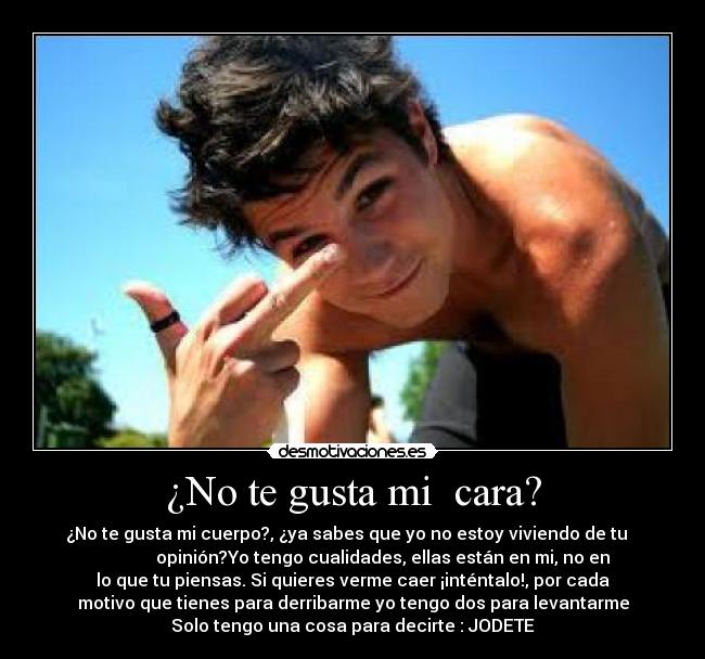¿No te gusta mi cara? - ¿No te gusta mi cuerpo?, ¿ya sabes que yo no estoy viviendo de tu
opinión?Yo tengo cualidades, ellas están en mi, no en
lo que tu piensas. Si quieres verme caer ¡inténtalo!, por cada
motivo que tienes para derribarme yo tengo dos para levantarme
Solo tengo una cosa para decirte : JODETE