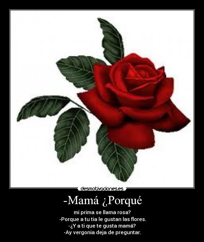 -Mamá ¿Porqué - mi prima se llama rosa?
-Porque a tu tia le gustan las flores.
-¿Y a ti que te gusta mamá?
-Ay vergonia deja de preguntar.