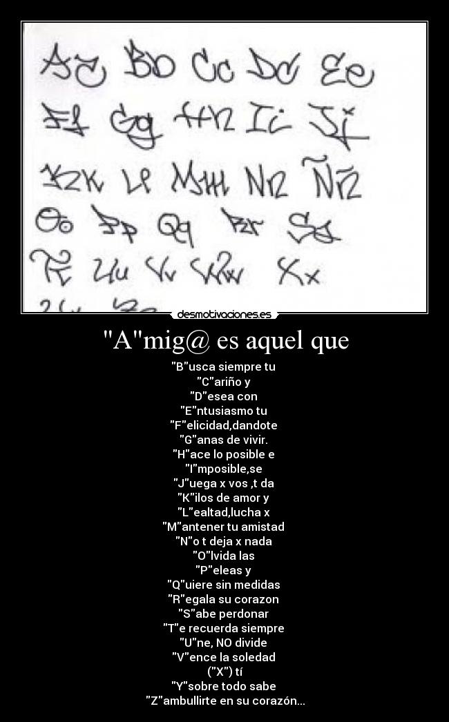 Amig@ es aquel que - Busca siempre tu 
Cariño y 
Desea con 
Entusiasmo tu 
Felicidad,dandote 
Ganas de vivir. 
Hace lo posible e 
Imposible,se 
Juega x vos ,t da 
Kilos de amor y 
Lealtad,lucha x 
Mantener tu amistad 
No t deja x nada 
Olvida las 
Peleas y 
Quiere sin medidas 
Regala su corazon 
Sabe perdonar 
Te recuerda siempre 
Une, NO divide 
Vence la soledad 
(X) tí
Ysobre todo sabe 
Zambullirte en su corazón...