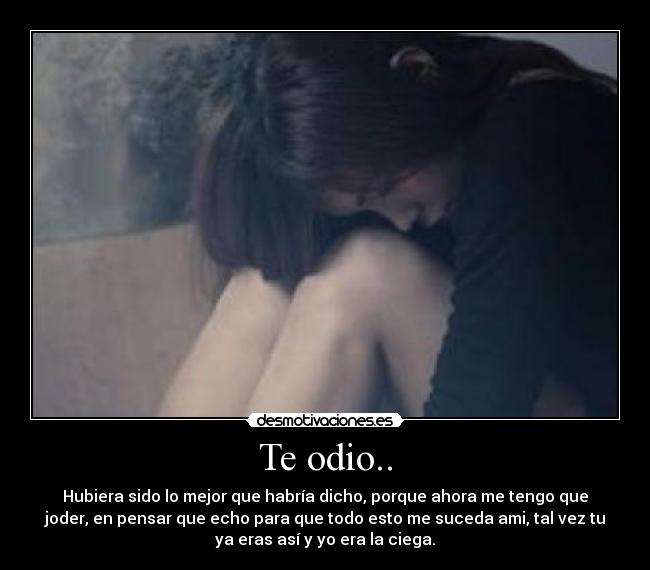 Te odio.. - Hubiera sido lo mejor que habría dicho, porque ahora me tengo que
joder, en pensar que echo para que todo esto me suceda ami, tal vez tu
ya eras así y yo era la ciega.