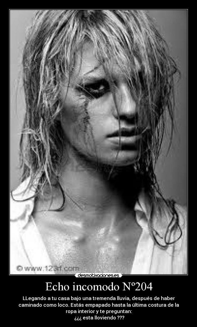Echo incomodo Nº204 - LLegando a tu casa bajo una tremenda lluvia, después de haber
caminado como loco. Estás empapado hasta la última costura de la
ropa interior y te preguntan:
¿¿¿ esta lloviendo ???