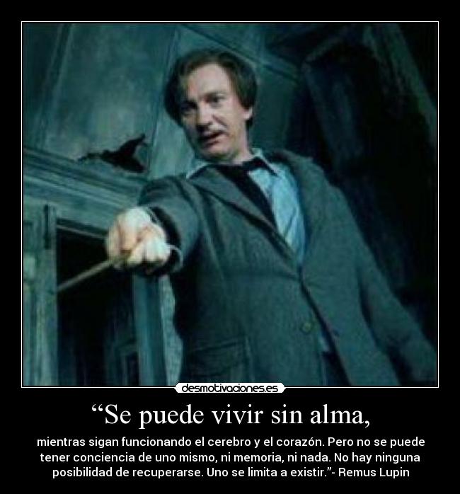 “Se puede vivir sin alma, - mientras sigan funcionando el cerebro y el corazón. Pero no se puede
tener conciencia de uno mismo, ni memoria, ni nada. No hay ninguna
posibilidad de recuperarse. Uno se limita a existir.”- Remus Lupin