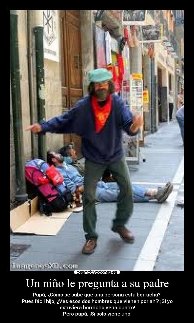 Un niño le pregunta a su padre - Papá, ¿Cómo se sabe que una persona está borracha?
Pues fácil hijo, ¿Ves esos dos hombres que vienen por ahí? ¡Si yo
estuviera borracho vería cuatro!
Pero papá, ¡Si solo viene uno!
