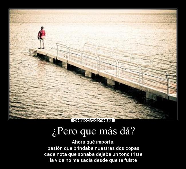 ¿Pero que más dá? - Ahora qué importa,
pasión que brindaba nuestras dos copas
cada nota que sonaba dejaba un tono triste
la vida no me sacia desde que te fuíste