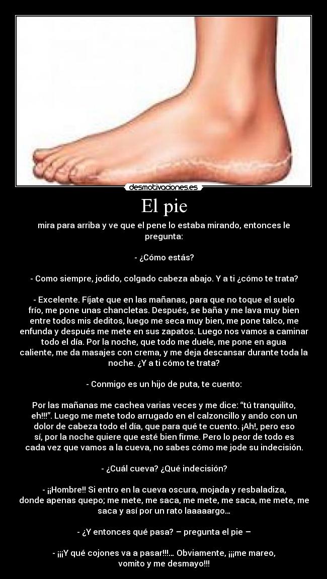 El pie - mira para arriba y ve que el pene lo estaba mirando, entonces le
pregunta:
- ¿Cómo estás?
- Como siempre, jodido, colgado cabeza abajo. Y a ti ¿cómo te trata?
- Excelente. Fíjate que en las mañanas, para que no toque el suelo
frío, me pone unas chancletas. Después, se baña y me lava muy bien
entre todos mis deditos, luego me seca muy bien, me pone talco, me
enfunda y después me mete en sus zapatos. Luego nos vamos a caminar
todo el día. Por la noche, que todo me duele, me pone en agua
caliente, me da masajes con crema, y me deja descansar durante toda la
noche. ¿Y a ti cómo te trata?
- Conmigo es un hijo de puta, te cuento:
Por las mañanas me cachea varias veces y me dice: “tú tranquilito,
eh!!!”. Luego me mete todo arrugado en el calzoncillo y ando con un
dolor de cabeza todo el día, que para qué te cuento. ¡Ah!, pero eso
sí, por la noche quiere que esté bien firme. Pero lo peor de todo es
cada vez que vamos a la cueva, no sabes cómo me jode su indecisión.
- ¿Cuál cueva? ¿Qué indecisión?
- ¡¡Hombre!! Si entro en la cueva oscura, mojada y resbaladiza,
donde apenas quepo; me mete, me saca, me mete, me saca, me mete, me
saca y así por un rato laaaaargo…
- ¿Y entonces qué pasa? – pregunta el pie –
- ¡¡¡Y qué cojones va a pasar!!!… Obviamente, ¡¡¡me mareo,
vomito y me desmayo!!!