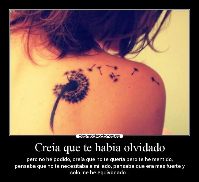 Creía que te habia olvidado - pero no he podido, creía que no te quería pero te he mentido,
pensaba que no te necesitaba a mi lado, pensaba que era mas fuerte y
solo me he equivocado...