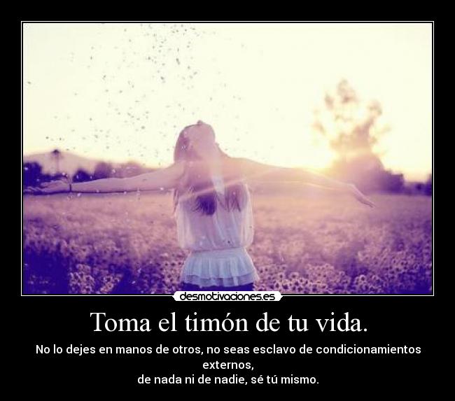 Toma el timón de tu vida. - No lo dejes en manos de otros, no seas esclavo de condicionamientos externos,
de nada ni de nadie, sé tú mismo.