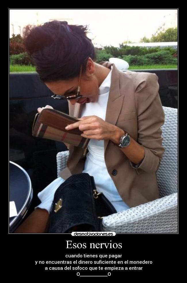 Esos nervios - cuando tienes que pagar
y no encuentras el dinero suficiente en el monedero
a causa del sofoco que te empieza a entrar
O____________O