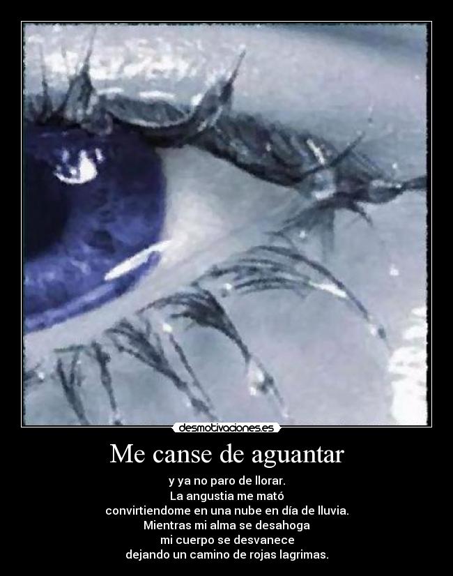 Me canse de aguantar - y ya no paro de llorar.
La angustia me mató
convirtiendome en una nube en día de lluvia.
Mientras mi alma se desahoga
mi cuerpo se desvanece
dejando un camino de rojas lagrimas.