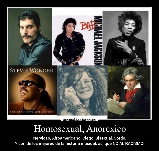 Homosexual, Anorexico - Nervioso, Afroamericano, Ciego, Bisexual, Sordo.
Y son de los mejores de la historia musical, asi que NO AL RACISMO!
