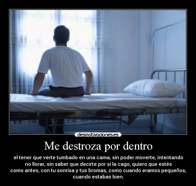Me destroza por dentro - el tener que verte tumbado en una cama, sin poder moverte, intentando
no llorar, sin saber que decirte por si la cago, quiero que estés
como antes, con tu sonrisa y tus bromas, como cuando eramos pequeños,
cuando estabas bien.