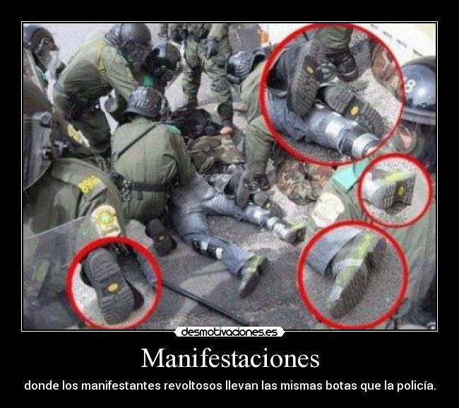Manifestaciones - donde los manifestantes revoltosos llevan las mismas botas que la policía.