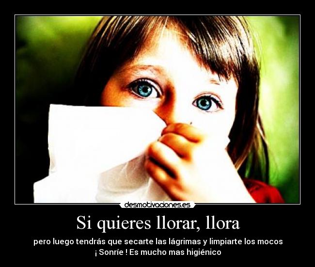 Si quieres llorar, llora - pero luego tendrás que secarte las lágrimas y limpiarte los mocos
¡ Sonríe ! Es mucho mas higiénico