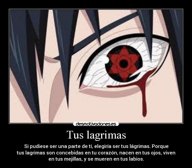 Tus lagrimas - Si pudiese ser una parte de tí, elegiría ser tus lágrimas. Porque
tus lagrimas son concebidas en tu corazón, nacen en tus ojos, viven
en tus mejillas, y se mueren en tus labios.