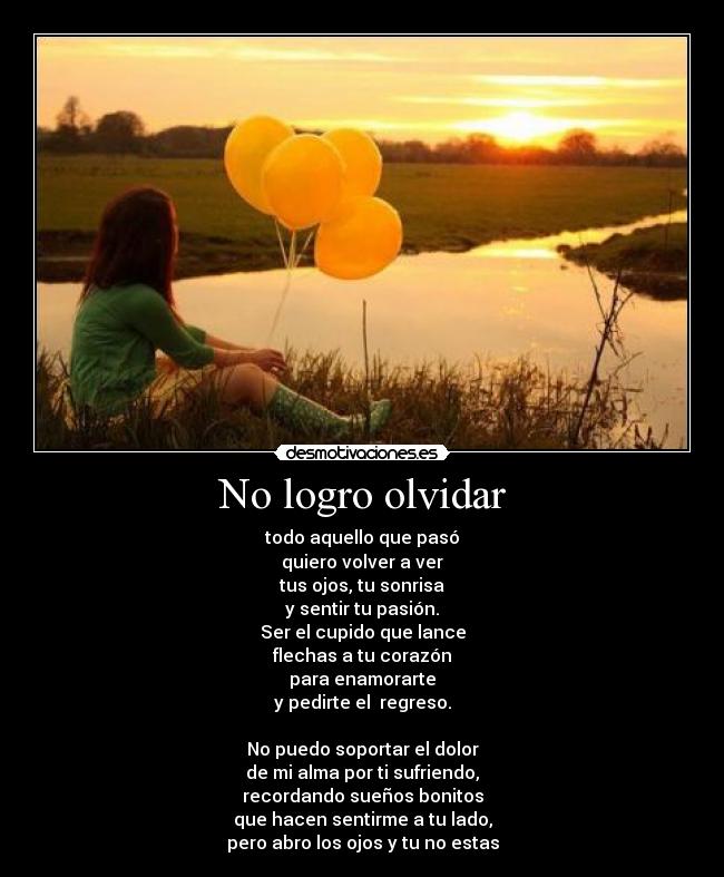 No logro olvidar - todo aquello que pasó
quiero volver a ver
tus ojos, tu sonrisa
y sentir tu pasión.
Ser el cupido que lance
flechas a tu corazón
para enamorarte
y pedirte el regreso.
No puedo soportar el dolor
de mi alma por ti sufriendo,
recordando sueños bonitos
que hacen sentirme a tu lado,
pero abro los ojos y tu no estas