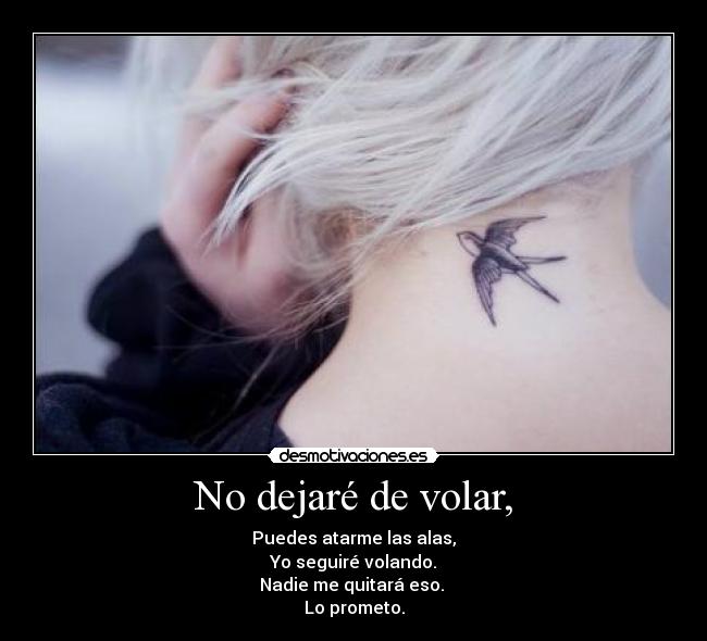 No dejaré de volar, - Puedes atarme las alas,
Yo seguiré volando.
Nadie me quitará eso. 
Lo prometo.