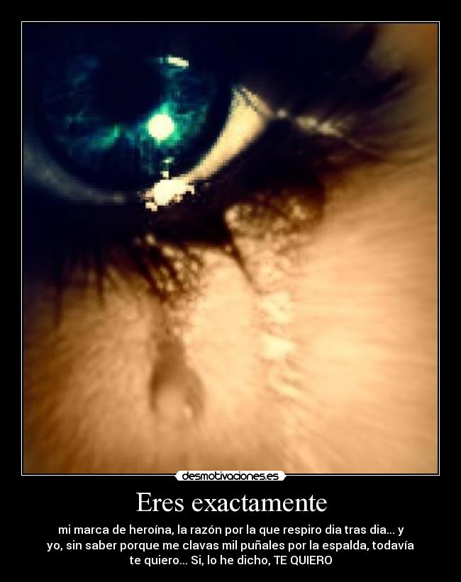 Eres exactamente - mi marca de heroína, la razón por la que respiro dia tras dia... y
yo, sin saber porque me clavas mil puñales por la espalda, todavía
te quiero... Si, lo he dicho, TE QUIERO