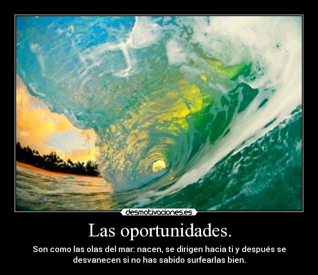 Las oportunidades. - Son como las olas del mar: nacen, se dirigen hacia ti y después se
desvanecen si no has sabido surfearlas bien.