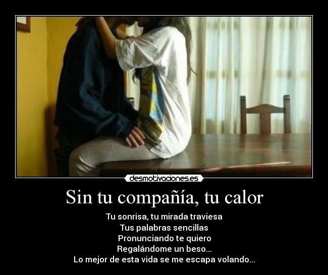 Sin tu compañía, tu calor - Tu sonrisa, tu mirada traviesa
Tus palabras sencillas
Pronunciando te quiero
Regalándome un beso...
Lo mejor de esta vida se me escapa volando...