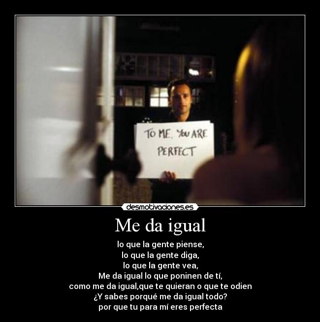 Me da igual - lo que la gente piense,
lo que la gente diga,
lo que la gente vea,
Me da igual lo que poninen de tí,
como me da igual,que te quieran o que te odien
¿Y sabes porqué me da igual todo?
por que tu para mí eres perfecta