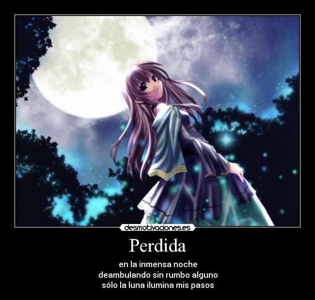 Perdida - en la inmensa noche
deambulando sin rumbo alguno
sólo la luna ilumina mis pasos