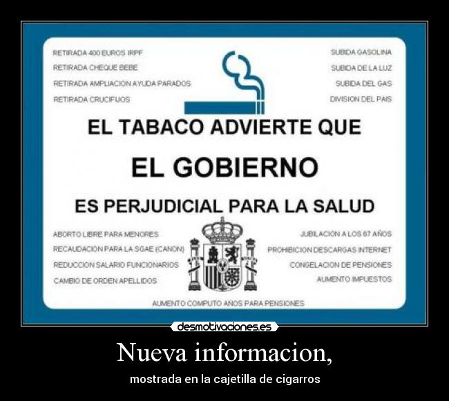 Nueva informacion, - mostrada en la cajetilla de cigarros
