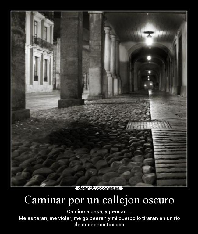 Caminar por un callejon oscuro - Camino a casa, y pensar....
Me asltaran, me violar, me golpearan y mi cuerpo lo tiraran en un rio
de desechos toxicos