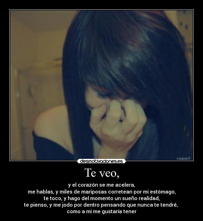 Te veo, - y el corazón se me acelera,
me hablas, y miles de mariposas corretean por mi estómago,
te toco, y hago del momento un sueño realidad,
te pienso, y me jodo por dentro pensando que nunca te tendré, 
como a mi me gustaría tener