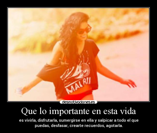 Que lo importante en esta vida - es vivirla, disfrutarla, sumergirse en ella y salpicar a todo el que
puedas, desfasar, crearte recuerdos, agotarla.