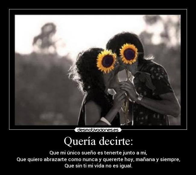 Quería decirte: - Que mi único sueño es tenerte junto a mi,
Que quiero abrazarte como nunca y quererte hoy, mañana y siempre,
Que sin ti mi vida no es igual.
