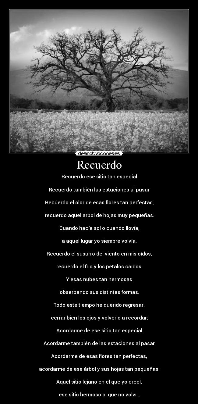 Recuerdo - Recuerdo ese sitio tan especial
Recuerdo también las estaciones al pasar
Recuerdo el olor de esas flores tan perfectas,
recuerdo aquel arbol de hojas muy pequeñas.
Cuando hacía sol o cuando llovía,
a aquel lugar yo siempre volvía.
Recuerdo el susurro del viento en mis oídos,
recuerdo el frío y los pétalos caídos.
Y esas nubes tan hermosas
obserbando sus distintas formas.
Todo este tiempo he querido regresar,
cerrar bien los ojos y volverlo a recordar:
Acordarme de ese sitio tan especial
Acordarme también de las estaciones al pasar
Acordarme de esas flores tan perfectas,
acordarme de ese árbol y sus hojas tan pequeñas.
Aquel sitio lejano en el que yo crecí,
ese sitio hermoso al que no volví...