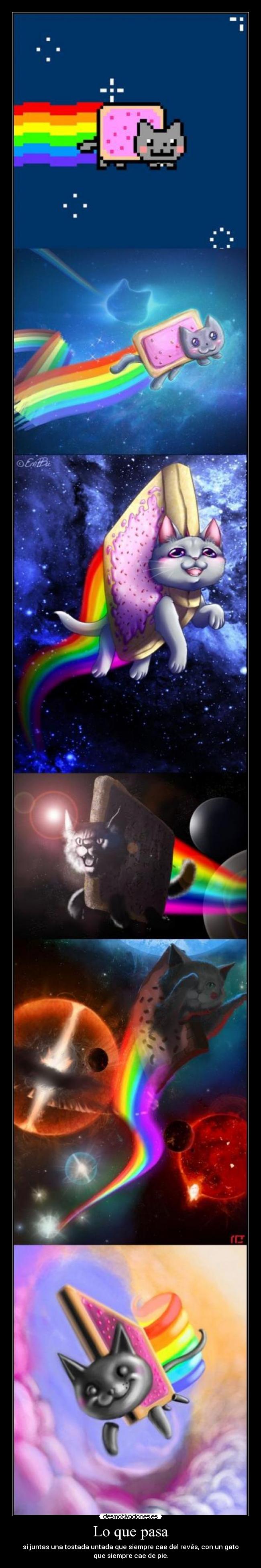 Lo que pasa - si juntas una tostada untada que siempre cae del revés, con un gato
que siempre cae de pie.