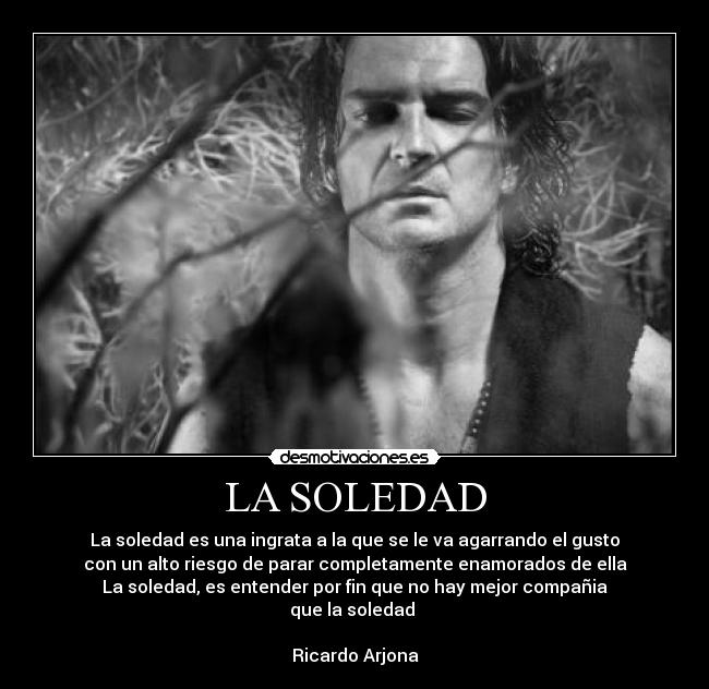 LA SOLEDAD - La soledad es una ingrata a la que se le va agarrando el gusto
con un alto riesgo de parar completamente enamorados de ella
La soledad, es entender por fin que no hay mejor compañia
que la soledad ♫
Ricardo Arjona