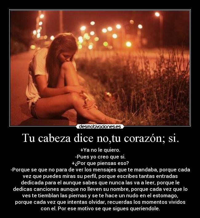 Tu cabeza dice no,tu corazón; si. - +Ya no le quiero.
-Pues yo creo que si.
+¿Por que piensas eso?
-Porque se que no para de ver los mensajes que te mandaba, porque cada
vez que puedes miras su perfil, porque escribes tantas entradas
dedicada para el aunque sabes que nunca las va a leer, porque le
dedicas canciones aunque no lleven su nombre, porque cada vez que lo
ves te tiemblan las piernas y se te hace un nudo en el estomago,
porque cada vez que intentas olvidar, recuerdas los momentos vividos
con el. Por ese motivo se que sigues queriendole.