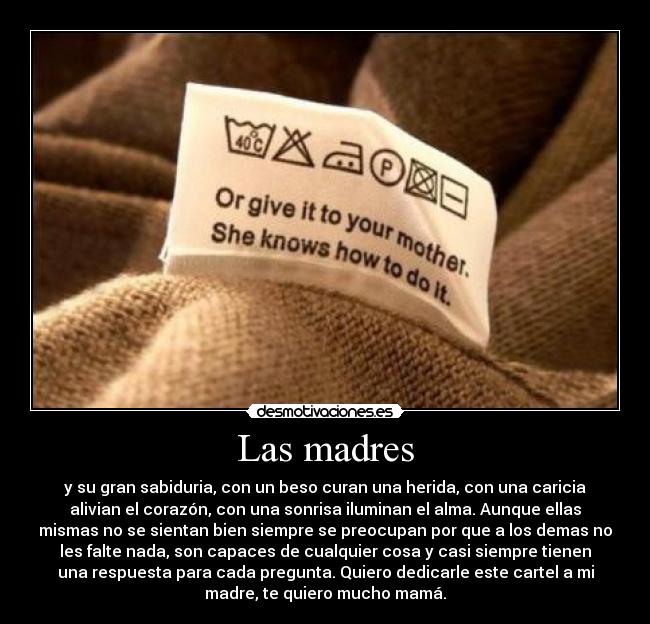 Las madres - y su gran sabiduria, con un beso curan una herida, con una caricia
alivian el corazón, con una sonrisa iluminan el alma. Aunque ellas
mismas no se sientan bien siempre se preocupan por que a los demas no
les falte nada, son capaces de cualquier cosa y casi siempre tienen
una respuesta para cada pregunta. Quiero dedicarle este cartel a mi
madre, te quiero mucho mamá.