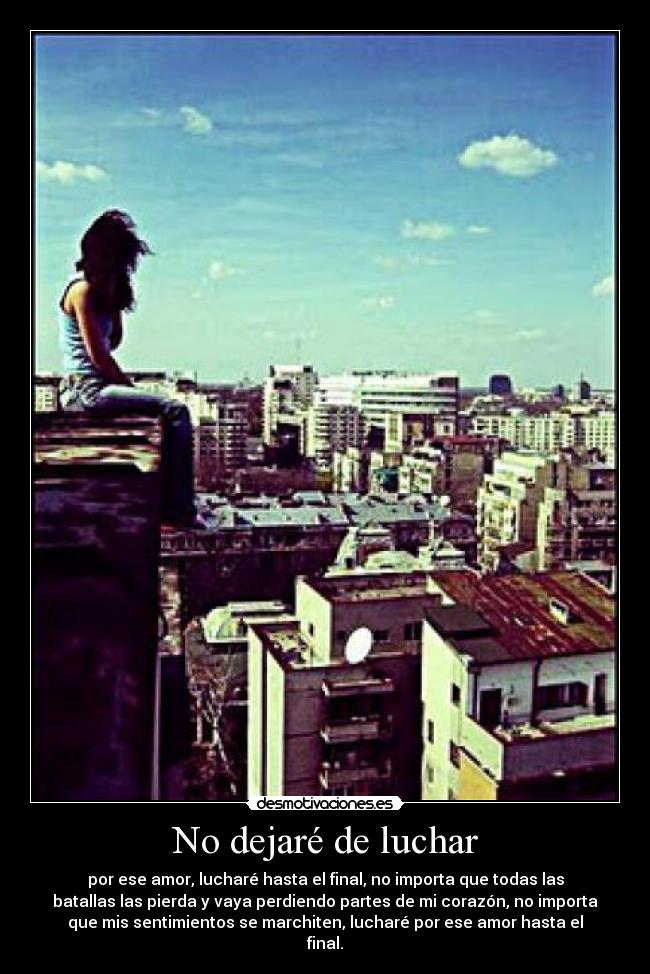 No dejaré de luchar - por ese amor, lucharé hasta el final, no importa que todas las
batallas las pierda y vaya perdiendo partes de mi corazón, no importa
que mis sentimientos se marchiten, lucharé por ese amor hasta el
final.