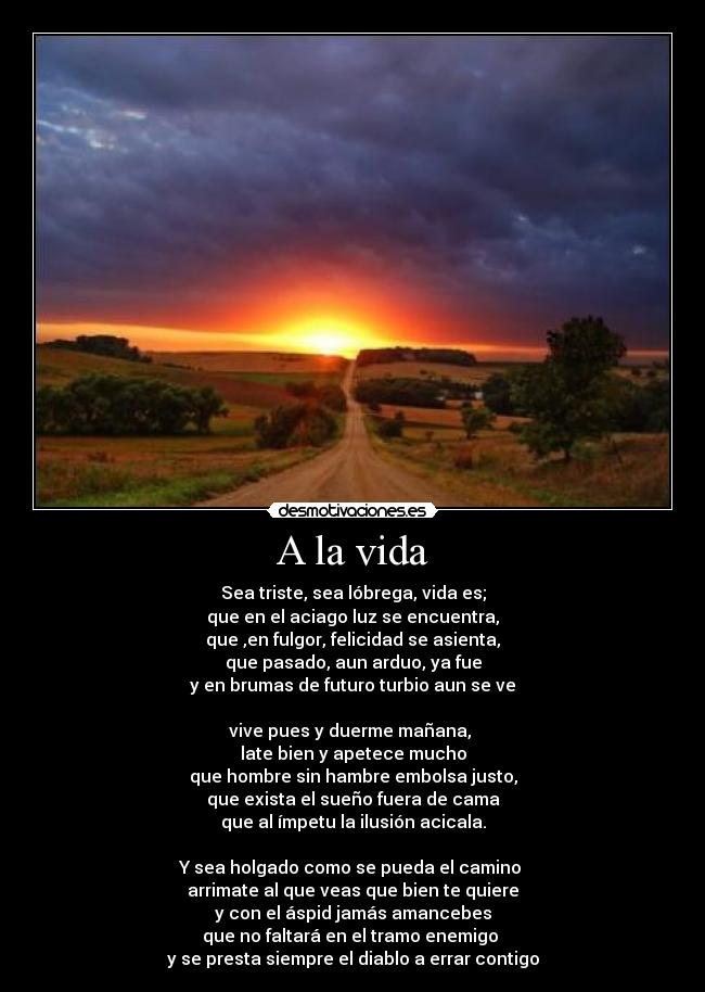 A la vida - Sea triste, sea lóbrega, vida es;
que en el aciago luz se encuentra,
que ,en fulgor, felicidad se asienta,
que pasado, aun arduo, ya fue
y en brumas de futuro turbio aun se ve
vive pues y duerme mañana,
late bien y apetece mucho
que hombre sin hambre embolsa justo,
que exista el sueño fuera de cama
que al ímpetu la ilusión acicala.
Y sea holgado como se pueda el camino
arrimate al que veas que bien te quiere
y con el áspid jamás amancebes
que no faltará en el tramo enemigo
y se presta siempre el diablo a errar contigo