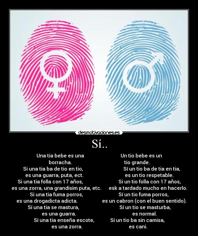Sí.. - Una tia bebe es una Un tio bebe es un
borracha. tio grande.
Si una tia ba de tio en tio, Sí un tio ba de tia en tia,
es una guarra, puta, ect. es un tio respetable.
Si una tia folla con 17 años, Si un tio folla con 17 años,
es una zorra, una grandisim puta, etc. esk a tardado mucho en hacerlo.
Si una tia fuma porros, Sí un tio fuma porros,
es una drogadicta adicta. es un cabron (con el buen sentido).
Sí una tia se mastura, Sí un tio se masturba,
es una guarra. es normal.
Sí una tia enseña escote, Sí un tio ba sin camisa,
es una zorra. es cani.